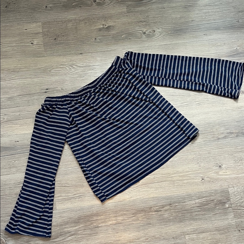 SO Navy and White Striped Women's Off the Shoulder Top